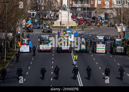 Madrid, Spanien. 23rd Januar 2022. Traktoren werden während einer Demonstration zur Verteidigung der ländlichen Welt und der ländlichen Welt gesehen, an der Tausende von Bauern aus dem ganzen Land teilnahmen. Die Vereinigung „Alma Rural“ hat unter dem Motto „große Demonstration der ländlichen Welt“ als Reaktion auf die vom Primärsektor erlittene Situation zu protestieren und zu Veränderungen in der Agrar-, Vieh- und Umweltpolitik zu fordern. Quelle: Marcos del Mazo/Alamy Live News Stockfoto