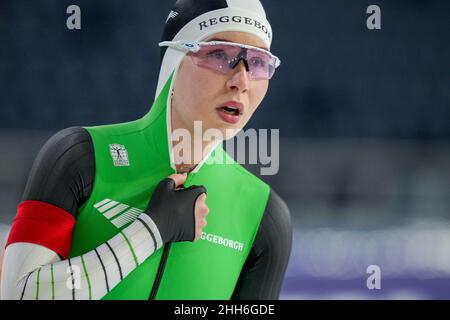 HEERENVEEN, NIEDERLANDE - 23. JANUAR: Michelle de Jong vom Team Reggeborgh beim 1000m-Sprint der Frauen beim 2022 NK Allround & Sprint am 23. Januar 2022 in Heerenveen, Niederlande (Foto by Douwe Bijlsma/Orange Picts) House of Sports Stockfoto