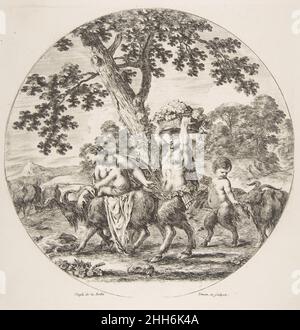 Familie Satyr, die mit zwei Ziegen und einem Korb mit Trauben nach links geht, ca. 1657 Stefano della Bella Italienisch. Familie Satyr, die mit zwei Ziegen und einem Korb mit Trauben nach links geht 375891 Stockfoto