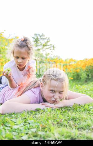 Zwei niedliche kleine Mädchen spielen auf grünem Gras an sonnigen Sommertagen auf dem Land Stockfoto