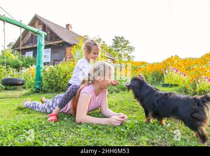 Zwei niedliche kleine Mädchen liegen auf grünem Gras im Freien und spielen mit kleinen schwarzen Hund in ländlichen Hof in warmen Sommertag. Stockfoto