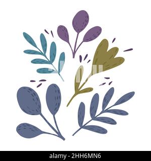 Komposition aus Zweigen und Blüten isoliert auf weißem Hintergrund. Skandinavische botanische Skizze von Hand gezeichnet in Stil Doodle Vektor-Illustration Stock Vektor