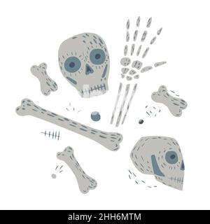 Komposition aus Schädeln und Knochen für Festival auf weißem Hintergrund. Einfaches Kit Skelett Farbe grau Skizze Hand in Stil Doodle Vektor illustrati gezeichnet Stock Vektor