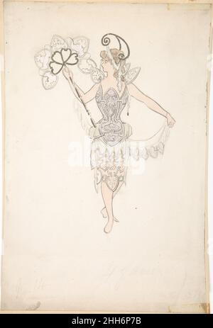 Kostümdesign für eine Dame mit einem Fächer 1890–99 Basil Crage Britisches Kostümdesign für eine Dame mit einem Fächer, bestehend aus einem grauen, korsettfarbenen Oberteil mit floralen Motiven und zwei kleinen, weißen Flügeln auf den Schultern, Und einen knielangen, getäfelten, grauen Rock aus dünnem Stoff, ebenfalls mit floralen Motiven. Ein Kopfschmuck aus einem weißen Spitzenband mit goldenen, rollenden Antennen ziert den Kopf. Ein Fächer mit goldenen Hörmotiven, flankiert von einer Waage mit scrollenden und floralen Motiven, wird auf der rechten Hand gehalten. Die linke Hand hält eine Platte des Rockes, mit scalloping Kanten und floralen Motiven.. Kostümdesign für Lady wit Stockfoto