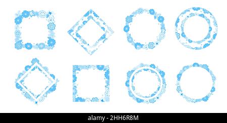 Sammlung von blauen floralen rechteckigen und runden handgezeichneten Rahmen. Verschiedene Design-Scribbles, Kopierraum. Bearbeitbare Vorlage, festlicher Druck Stock Vektor