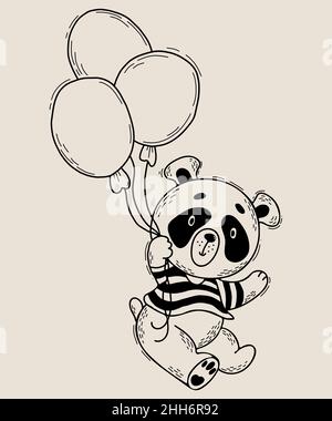 Niedlicher Panda im gestreiften T-Shirt fliegt auf Luftballons. Vektorgrafik. Niedliches Tier im handgezeichneten linearen Stil für Kinder Sammlung und Postkarten, Design Stock Vektor