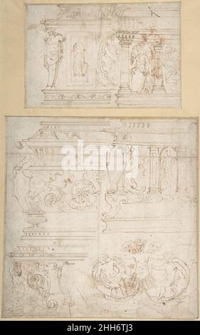 Skizzen zum Entwurf einer Kasket (recto); Schlacht der Zentauren und Lapiths(?) (verso) 1545–55 zugeschrieben Girolamo da Carpi (Girolamo Sellari) Italienisch. Skizzen zum Entwurf einer Kasket (recto); Schlacht der Zentauren und Lapiths(?) (verso). Zugeschrieben Girolamo da Carpi (Girolamo Sellari) (Italienisch, Ferrara 1501–1556 Ferrara). 1545–55. Stift und braune Tinte. Zeichnungen Stockfoto