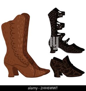 Setzen Sie antike Stiefel auf weißen Hintergrund. Vintage Schuhe dunkle Farbe in Doodle-Stil Vektor-Illustration. Stock Vektor