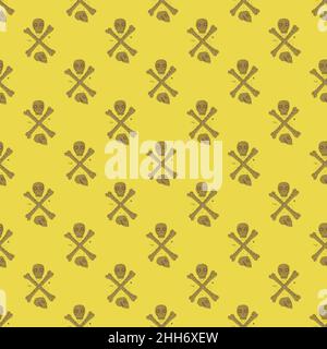 Abstraktes nahtloses Gruselmuster mit kleinen Totenköpfen und Knochen Formen. Gelber Hintergrund. Pirateriehintergrund. Vektor-Illustration für saisonalen Textilprin Stock Vektor