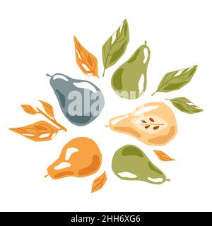 Komposition Birnen auf weißem Hintergrund. Birne ganz, halb, grün, blau, gelb, Orange, Blätter und Laub mit Zweig Skizze von Hand in Stil Doodle V gezeichnet Stock Vektor