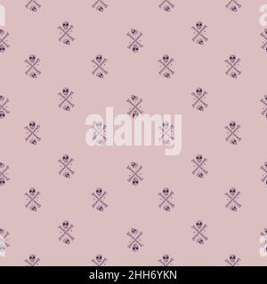 Kleine Schädel und Knochen Elemente nahtlose Muster. Gruseliger halloween-Druck auf rosa Hintergrund. Vektorgrafik für saisonale Textildrucke, Stoff, Stock Vektor