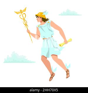 Hermes, Merkur, griechische olympische Gottheit der Kaufleute, Handel, schlauer göttlicher Trickster. Agiler Bote, lächelnder, hübscher junger Mann in weißer Tunika, Helm Stock Vektor