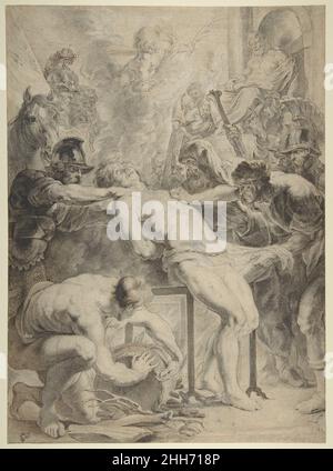 Martyrium des heiligen Laurentius Anfang des 17th. Jahrhunderts Werkstatt von Peter Paul Rubens Flämisch Diese Zeichnung entstand nach Rubens' Gemälde in der Alten Pinakothek in München. Es ist die vorbereitende Zeichnung für den Stich von Lucas Vorsterman. Daher werden die Konturen mit einem Stift verfolgt, um die Komposition auf die Kupferplatte zu übertragen. Um die Arbeit des Graveurs zu erleichtern, wurde der Trennung von Hell und Dunkel innerhalb der Komposition viel Aufmerksamkeit geschenkt. Das Blatt wurde möglicherweise von Anthony van Dyck angefertigt und von Rubens in Feder retuschiert. Martyrium des heiligen Laurentius 347982 Stockfoto