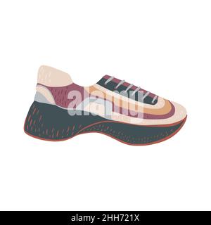 Großer Sneaker isoliert auf weißem Hintergrund. Skandinavische Zeichnung Sneaker Farbe in Doodle Vektor Illustration. Stock Vektor