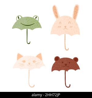 Setzen Sie Regenschirme Tier auf weißen Hintergrund. Abstrakte Regenschirmfrosch, Hase, Bär, Katze in Doodle Vektor-Illustration. Stock Vektor