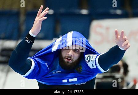 Bratislava, Slowakei. 23rd Januar 2022. Handball: Europameisterschaft, Polen - Russland, Hauptrunde, Gruppe 2. Russlands Alexander Kotow gestikuliert. Quelle: Marijan Murat/dpa/Alamy Live News Stockfoto