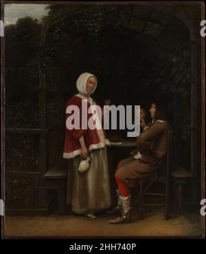 Eine Frau und zwei Männer in einem Arbor ca. 1657–58 Pieter de Hooch Niederländisch. Eine Frau und zwei Männer in einer Arbor. Pieter de Hooch (Niederländisch, Rotterdam 1629–1684 Amsterdam). Ca. 1657–58. Öl auf Holz. Gemälde Stockfoto