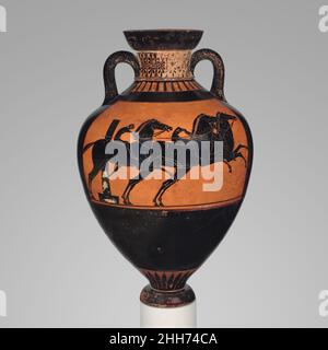 Terracotta Panathenaic Preis Amphore (Glas) ca. 510 v. Chr. der Leagros-Gruppe zugeschrieben Vorderseite, AthenaRückwärts, Pferderennen Diese Darstellung eines Pferderennens beinhaltet den Posten, der die Kurswende markiert. Terracotta Panathenaic Preis Amphore (Glas). Griechisch, Dachboden. Ca. 510 V. CHR. Terrakotta; schwarze Figur. Archaisch. Vasen Stockfoto