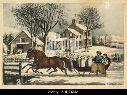 Winter Morning in the Country 1873 Currier & Ives American Eine verschneite ländliche Szene, in der ein Team aus zwei Pferden einen Schlitten zieht, in dem ein Mann und eine Frau und vier große Milchdosen Platz finden. In der Ferne steht eine Frau mit einem Eimer vor einem Bauernhaus und Männer außerhalb einer Scheune sauber und zupfen Gänse.. Winter Morning in the Country 380483 Verlag: Currier & Ives, American, Active New York, 1857?1907, Winter Morning in the Country, 1873, Lithograph, 8 1/2 x 12 1/2 Zoll (21,6 x 31,8 cm). Das Metropolitan Museum of Art, New York. Vermächtnis von Adele S. Colgate, 1962 (63.550.120) Stockfoto