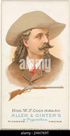 Hon. William Frederick Cody (Buffalo Bill), Rifle Shooter, von World's Champions, Series 1 (N28) for Allen & Ginter Cigarettes 1887 Allen & Ginter American Trade Cards from 'World's Champions', Series 1 (N28), herausgegeben 1887 in einem Satz von 50 Karten zur Werbung für Zigaretten der Marke Allen & Ginter. Hon. William Frederick Cody (Buffalo Bill), Rifle Shooter, von World's Champions, Serie 1 (N28) für Allen & Ginter Cigarettes. 1887. Kommerzielle Farblithographie. Allen & Ginter (Amerikanisch, Richmond, Virginia) Stockfoto