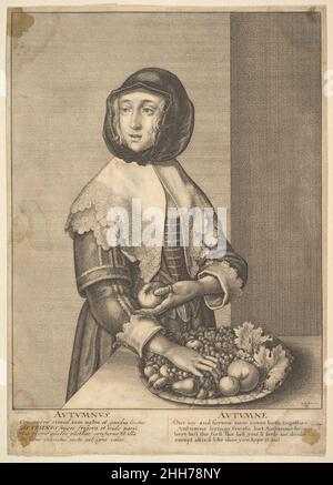 Autumnus - Herbst (dreiviertel Jahreszeiten) 1641 Wenceslaus Hollar Bohemian Young Woman steht dreiviertel lang, ihr Kopf leicht nach links gedreht, trägt einen schwarzen Schal unter dem Kinn über dem weißen spitzen Kragen mit Spitzenbändern über den Schultern; rechte Hand auf dem Teller mit Früchten, linke Hand mit Apfel.. Autumnus - Herbst (dreiviertel Jahreszeiten) 361563 Stockfoto