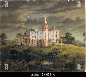 Ericstan, for John J. Herrick, Tarrytown, New York (Perspektive) 1855 Alexander Jackson Davis die erfolgreichste Kastellvilla von American Davis wurde für den Trockenwarenhändler John J. Herrick gebaut. Das Design wurde von einem riesigen dreistöckigen kreisförmigen Turm dominiert, der nach Westen über den Hudson River blickt. Der Turm beherbergte einen außergewöhnlichen runden Salon, der eine kunstvoll gewölbte Decke hatte, die aus einer massiven zentralen Ansammlung zarter gotischer Säulen entsprang. Ericstan wurde 1944 abgerissen. Ericstan, für John J. Herrick, Tarrytown, New York (Perspektive) 339844 Stockfoto