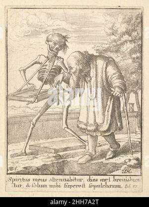 Alter Mann, aus dem Totentanz [1651] Ende des 18th. Jahrhunderts Druck Wenceslaus Hollar Bohemian Ein alter Mann, abgelenkt vom Hackbrett, das der Tod spielt, geht nach links, ohne das offene Grab vor ihm zu kennen. Alter Mann, aus dem Tanz des Todes 361671 Stockfoto