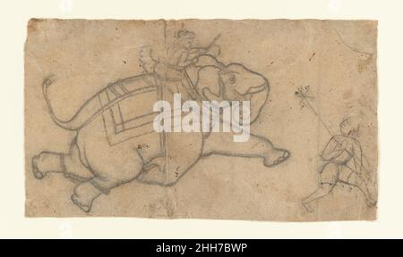 Running Elephant (recto); Practice Sheet of Elephant Sketches (verso) Mitte des 18th. Jahrhunderts Indien (Rajasthan, Kotah) Elefanten waren ein äußerst beliebtes Thema in Kotah Gericht Malerei, die weitgehend auf Marschall-Themen und Jagden konzentriert. Hier ignorierte der Künstler die menschlichen Figuren fast vollständig, stattdessen liegt der Schwerpunkt auf der naturalistischen Erfassung des Elefanten in Bewegung. Running Elephant (recto); Übungsblatt von Elephant Sketches (verso) 74661 Stockfoto