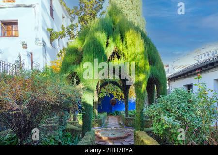 GRANADA ANDALUCIA SPANIEN LAUBE ODER LAUBE UND BRUNNEN IM GARTEN CARMEN DE LA VICTORIA Stockfoto