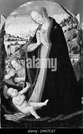 Die Jungfrau, die das Kind mit dem Säugling Johannes dem Täufer anbettet Ende 1480s Jacopo di Arcangelo (genannt Jacopo del Sellaio) Italienisch nach Angaben des Biographen Giorgio Vasari war Sellaio ein Schüler von Filippo Lippi, Und mehrere Merkmale des vorliegenden Gemäldes, wie die Strahlen um das Christuskind, sind auch bei Lippis Bildern des gleichen Themas üblich. Die Baumstümpfe in der Landschaft sind ein Hinweis auf Matthäus 3:10 ('und nun wird auch die Axt an die Wurzel der Bäume gelegt; darum wird jeder Baum, der keine guten Früchte bringt, abgehauen und ins Feuer geworfen.'). Die Painti Stockfoto