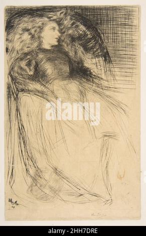 Weary 1863 James McNeill Whistler das Selbstbewusstsein des amerikanischen Whistlers als Radierer zeigt sich in diesem Porträt von Jo Hiffernan, seinem Begleiter im Jahr 1860s. Der Künstler war tief von Rembrandt beeinflusst, und es ist wahrscheinlich darauf zurückzuführen, dass er sich wohl fühlte, die untere Hälfte des Blattes mit nur den kargsten gezeichneten Umrissen zu verlassen. Wie Rembrandt experimentierte auch er mit verschiedenen Papieren; hier ist das braune japanische Papier eine wichtige Wahl für einen Druck, der so viel Papier freilegt. Müde 372546 Stockfoto