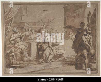 The Feast of Belshazzar 1697–1732 Antonio Gionima Italienisch die Zuordnung dieser hochmodellierten Zeichnung zu Antonio Gionima erfolgte 1958 durch Philip Pouncey. Das Thema basiert auf dem Buch Daniel (5:1-29), das besagt, dass Belsazar, der König von Babylon im 6th. Jahrhundert v. Chr., ein üppiges Bankett abhielt, an dem seine Höflinge, Ehefrauen und Konkubinen teilnahmen. Sie benutzten die heiligen Gefäße aus dem Tempel Salomos in Jerusalem, um heidnische Götter zu trinken und anzustoßen. Inmitten der Entweidung erschien eine Hand, die an der Wand geheimnisvolle Worte schrieb, die der Prophet Daniel dem König deutete, um h vorherzusagen Stockfoto