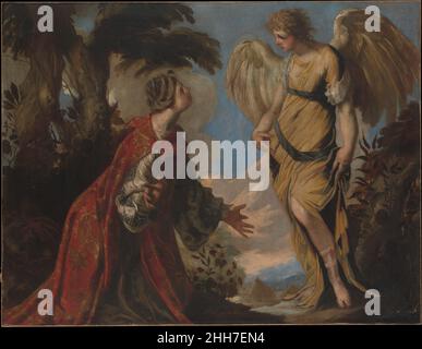 Hagar und der Engel ca. 1657 Francesco Maffei der Italiener Maffei, der in den Städten Vicenza und Padua lebte und arbeitete, war von der Kunst seiner venezianischen Vorgänger Bassano, Tintoretto und Veronese geprägt. Sein Stil ist charakteristisch für seine Eleganz, weit entfernt vom Realismus. Diese Szene aus dem biblischen Buch Genesis zeigt den Engel, der Hagar erscheint. Nachdem Abraham sie mit ihrem Säugling Ismael in die Wüste verbannt hat, wird sie von einem himmlischen Wesen gerettet, das sie zu einer Wasserquelle leitet. Hagar und der Engel. Francesco Maffei (italienisch, Vicenza 1605–1660 Padua). Ca. 16 Stockfoto