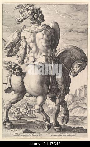 Titus Manlius Torquatus, aus der Serie The Roman Heroes 1586 Hendrick Goltzius Niederlandisch. Titus Manlius Torquatus, aus der Serie The Roman Heroes. Hendrick Goltzius (Niederlandisch, Mühlbracht 1558–1617 Haarlem). 1586. Gravur. Ausdrucke Stockfoto