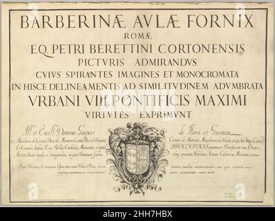 Titelseite, von Barberinae aulae fornix ca. 1677 Anonymous, italienisch, 17th. Jahrhundert Italienisch dieser Druck ist aus einer Serie von Tafeln, die lose zusammengenäht sind und die Deckenfresken von Pietro da Cortona 'Allegorie der göttlichen Vorsehung und Barberini-Macht' für den salone des Palazzo Barberini, Rom, gemalt 1630-33, darstellen. Die Drucke sind Gaspar de Guzman, Graf von Olivares und Herzog von Sanlucar (1587-1645), gewidmet. Das Frontispiz entblößte den Namen von Giovanni Giacomo de Rossi, der die Serie veröffentlichte.. Titelseite, aus Barberinae aulae fornix 412685 Stockfoto