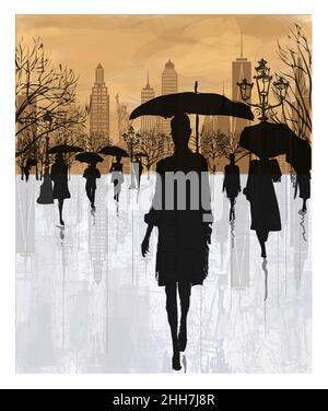 Menschen unter Regen in New York - Vektor-Illustration (ideal für den Druck auf Stoff oder Papier, Poster oder Tapeten, Hausdekoration) Stock Vektor