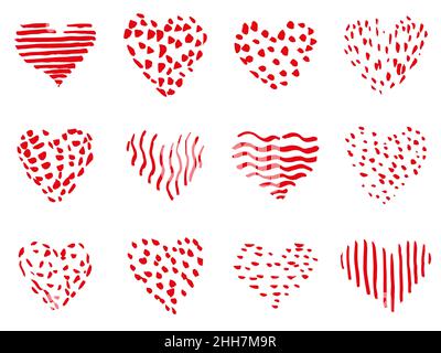 Satz von handgezeichneten Herzkritzeln, Skizzen rote Farbe, Vektor Stock Vektor