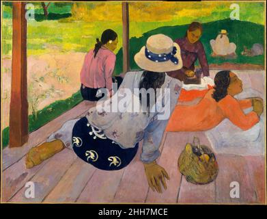 Das Siesta Ca. 1892–94 Paul Gauguin Französisch die unbeeinflusste Anmut und die kommunale Leichtigkeit der tahitianischen Frauen Gauguin enorm. Der Künstler arbeitete über einen längeren Zeitraum an diesem Gemälde, das zahlreiche Veränderungen mit sich gebracht hat. Der Rock der Frau im Vordergrund zum Beispiel war ursprünglich leuchtend rot; es gab einen Hund in der Position, die jetzt von dem Korb unten rechts besetzt war; und die Frau, die am linken Rand der Veranda saß, befand sich früher weiter links. Hören Sie zu, wie Experten die Geschichte dieses Kunstwerks beleuchten Hörspiel oder Pause #6406. Die Siesta unterstützt von Bloomberg Philanthropie Stockfoto