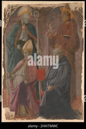 Die Heiligen Augustinus und Franziskus, ein Bischof Heiliger, und der heilige Benedikt Fra Filippo Lippi Italienisch. Die Heiligen Augustinus und Franziskus, ein Bischof-Heiliger, und der Heilige Benedikt. Fra Filippo Lippi (Italienisch, Florenz ca. 1406–1469 Spoleto). Tempera auf Papier, auf Leinwand gelegt, aus Holz übertragen. Pastelle & Ölskizzen auf Papier Stockfoto