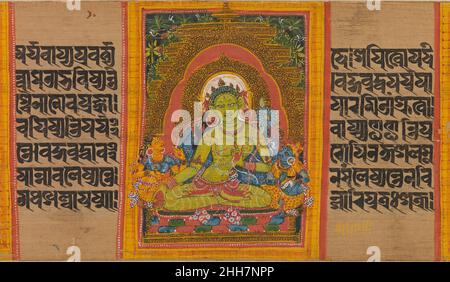 Grüne Tara, Folio aus einer verstreuten Ashtasahasirika Prajnaparamita (Perfektion der Weisheit) Manuskript Anfang des 12th. Jahrhunderts Indien (Bengalen) oder Bangladesch bewahrtes Bild der grünen Tara, das einen blauen Lotus in der Hand hält und die Geste der Gewährung von Wohltaten mit zwei weiblichen Begleitern, einer mit einem Vajra, macht; Der andere, Mahakali, hält ein flaschendes Messer und einen Schädelbecher (Kapala). Grüne Tara, Folio aus einer zerstreuten Ashtasahasirika Prajnaparamita (Vollkommenheit der Weisheit) Manuskript 74902 Stockfoto