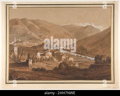 Stadt in einem Alpental n.d. Victor Jean Nicolle Französisch. Stadt in einem Alpental. Victor Jean Nicolle (Französisch, Paris 1754–1826 Paris). Stift und braune Tinte, Pinsel und braune, blau-graue und rötliche Waschungen, verstärkt mit weißem und blauem Gouache über Graphit. Zeichnungen Stockfoto