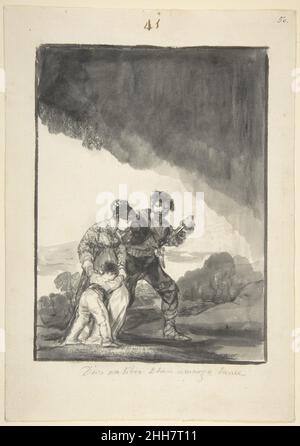 'Gott rettet uns vor einem so bitteren Schicksal'; ein Bandit bedroht eine Frau und ein Kind mit einem Messer: Seite 41 aus dem Black Border Album (E) ca. 1816–20 Goya (Francisco de Goya y Lucientes) Spanish Nirgendwo ist Goyas Meinung, dass Zeichnungen als fertige Kunstwerke offensichtlicher sind als im vorliegenden Blatt. Technische Vielfalt und eine sorgfältig orchestrierte Komposition ergeben eines seiner beeindruckendsten Bilder. Banditry war in Spanien während des späten 18. Und frühen 19. Jahrhunderts üblich, als riesige Weiten dünn besiedelter Gebiete Zuflucht und Schutz für ruchlose Aktivitäten boten. Unter einem en Stockfoto