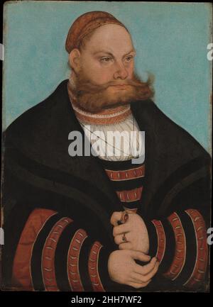 Lukas Spielhausen 1532 Lucas Cranach der Ältere Deutsch der Sitter, der das schwarz-gelb gestreifte Kleid hochrangiger Mitglieder des sächsischen Wahlgerichts trägt, ist an den Initialen LS auf dem Siegelring als Lukas Spielhausen zu erkennen, Der 1531 unter Johann I., dem Konstanten, Rechtsanwalt in der staatlichen Justizkurie war. Sein Alter von etwa 39 Jahren im Jahr 1532, dem Datum des Gemäldes, ist mit dem Erscheinungsbild des Sitters vereinbar. Das lebendige Farbmuster und das Zusammenspiel der Kurven im Kostüm und der Kontrast zwischen dem dicht gebündelten Haar des Mannes und dem expansiv vorspringenden Mus Stockfoto