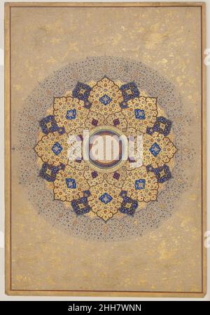 'Rosette mit den Namen und Titeln von Shah Jahan', Folio aus dem Shah Jahan Album recto: Ca. 1645; verso: Ca. 1630–40 Eine 'Shamsa' (wörtlich: Sonne) eröffnete traditionell imperiale Mughal-Alben. Die sorgfältig gestalteten und bemalten Arabesken sind in leuchtenden Farben und mehreren Goldtönen gehalten und mit fantastischen Blumen, Vögeln und Tieren angereichert. Die Inschrift in der Mitte im 'tughra' (Handzeichen)-Stil lautet: 'Seine Majestät Shihabuddin Muhammad Shahjahan, der König, Krieger des Glaubens, möge Gott sein Königreich und seine Souveränität verewigen.' Hören Sie zu, wie Experten die Story List dieses Kunstwerks beleuchten Stockfoto