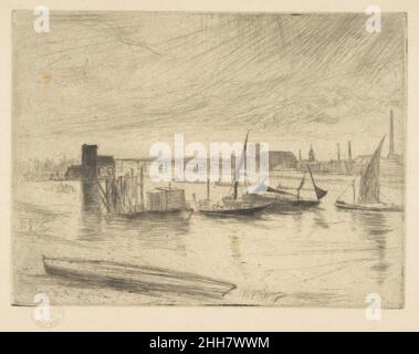 Am frühen Morgen, Battersea (Battersea Dawn) (Cadogan Pier) wahrscheinlich 1863 James McNeill Whistler American Whistler reagiert hier auf die Ruhe der Themse bei Sonnenaufgang, indem er ein geracktes Ruderboot über den Vordergrund stellt und kleine Segelboote um einen hölzernen Dock in der Mitte gruppieren. Dahinter befindet sich ein hölzerner Fährenterminal am Cadogan Pier und die Battersea Bridge, die sich über den Fluss erstreckt. Trockenpunkt wurde mit Ätzung kombiniert, um weiche Effekte zu erzeugen, die an nebeliges Wasser unter einem bewölkten Himmel erinnern. Das war wie 1863 fertiggestellt und 1871 in Einer Serie von sechzehn Radierungen von Szenen auf der Themse und anderen Sub veröffentlicht Stockfoto