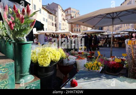 Blick auf den Campo de' Fiori, Rom, Italien, am 22. Januar 2022. Nach den neuesten Regeln der italienischen Regierung, in Cafés, Restaurants, U-Bahnen, Busse, Züge, Fähren, Kinos, Theater, Museen, Fitness-Studios, Schwimmbäder, ist obligatorisch die "Super Green Pass"-Zertifikat, das nur mit 2 oder 3 Covid 19 Impfdosen oder durch die Heilung von der Infektion erhalten werden kann. Auf der anderen Seite, um Universitäten, Büros, Banken, Gefängnisse, Für Friseure und Nagelstudios ist es obligatorisch, das „Standard Green Pass“-Zertifikat zu zeigen, das auch mit einem schnellen Antigentest oder einem PC erworben werden kann Stockfoto