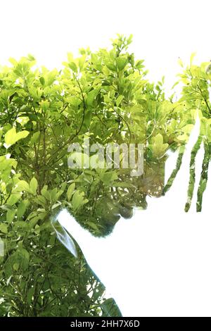 Ein Doppelbelichtungs-Porträt eines Mannes kombiniert mit einem Bild von grünen Blättern. Stockfoto