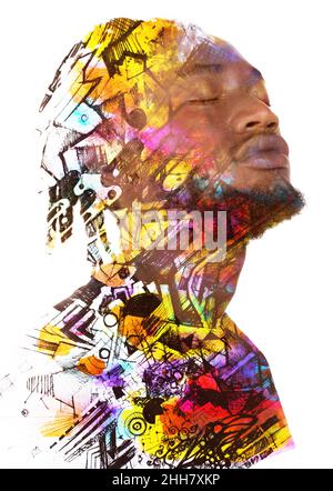 Paintographie. Ein Porträt eines Mannes kombiniert mit einer abstrakten geometrischen Zeichnung. Stockfoto