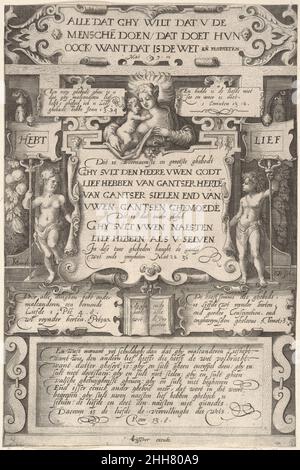 Das Gebot, einander zu lieben 1599 Gillis van Breen Niederlandisch. Das Gebot, einander zu lieben 383694 Künstler: Gillis van Breen, Niederländisch, aktiv 1595?1622, Künstler: Nach Karel van Mander I, Niederländisch, Meulebeke 1548?1606 Amsterdam, Verlag: Herausgegeben von Claes Jansz. Visscher, Niederländisch, Amsterdam 1586?1652 Amsterdam, das Gebot, einander zu lieben, 1599, Gravur; zweiter Staat, Blatt: 7 5/8 x 11 3/8 Zoll (19,4 x 28,9 cm). Das Metropolitan Museum of Art, New York. The Elisha Whittelsey Collection, The Elisha Whittelsey Fund, 1949 (49.95.1779) Stockfoto