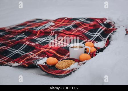 Eine Tasse Tee, Kekse und Mandarinen auf einer rot karierten Decke im Schnee. Stockfoto